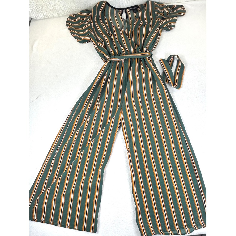 See You Monday Jumpsuit Women Large Green Striped Boho Retro 70s Wide Leg JS9378